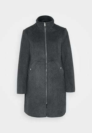 Czarny płaszcz wełniany w ciemnoszarym kolorze z wysokim kołnierzem, zapięciem na zamek z przodu oraz dwoma bocznymi kieszeniami z srebrnymi akcentami. Prosta sylwetka, długość do kolan.