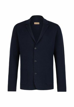 Mænds mørkeblå blazer med notch slag, tre knapper foran og to forreste lommeudskæringer, præsenteret på en hvid baggrund.
