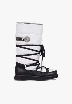 Vita puffer snöskor med svart gummibas, detaljerad snörning, fuskpälsfoder och silverlogotyp. Vattentätt material.