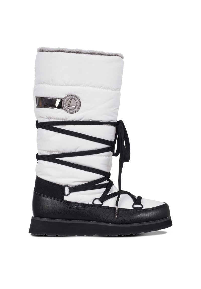 Bottes d'hiver blanches en duvet avec une base en caoutchouc noir, un design de lacets complexe, une doublure en fausse fourrure et un accent en logo argenté. Matériau imperméable.