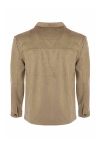 Giacca scamosciata beige con colletto, caratterizzata da una superficie liscia e polsini con bottoni, mostrata da dietro.