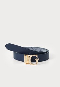 Navy leather belt featuring a gold-tone buckle with a prominent "G" design and a patterned inner lining. Smooth texture throughout.