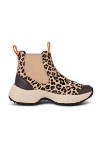 Ankasto čizme s leopard uzorkom, bež elastičnim panelima, smešnim kožnim akcentima i narančastim povlačenjem, postavljene na kremasto obojenoj potplatu.