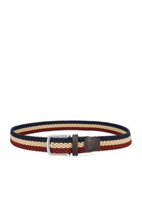 Tkanek elastyczny pasek w granatowe, burgundowe i beżowe paski, z metalową klamrą w kolorze srebrnym oraz brązowym skórzanym akcentem z detalem logo.