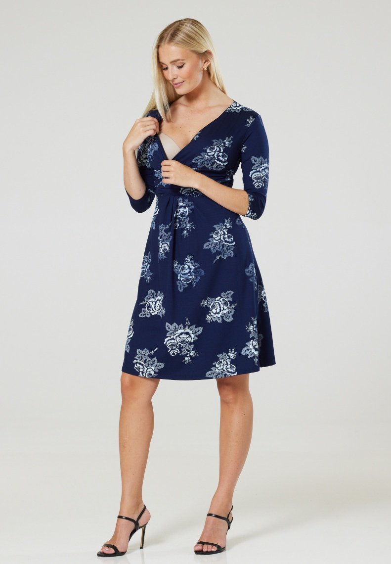 Chelsea Clark FLARED MATERNITY 3/4 SLEEVES - Džersejové šaty - white dark blue