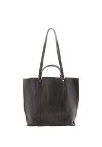 Zwarte leren draagtas met twee lange handvatten, een gestructureerde vorm, gladde textuur en subtiele stikseldetails. Grote capaciteit voor opslag.