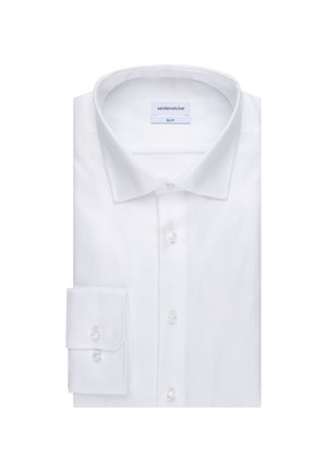 Weißes Hemd mit klassischem Kragen, langen Ärmeln und doppelten Manschetten. Hergestellt aus strukturiertem Stoff mit Knopfverschluss.
