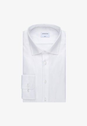 Weißes Hemd mit klassischem Kragen, langen Ärmeln und doppelten Manschetten. Hergestellt aus strukturiertem Stoff mit Knopfverschluss.
