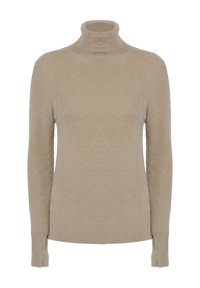 Beige Rollkragenpullover aus weichem, plüschigem Material. Verfügt über lange Ärmel und einen hohen Kragen mit strukturiertem Finish.