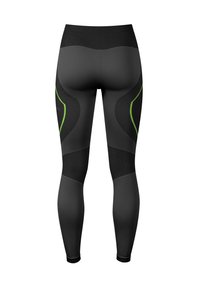Schwarze athletische Leggings mit figurbetontem Schnitt, grünen Akzenten, unterschiedlicher Textur und hohem Bund für optimalen Halt.