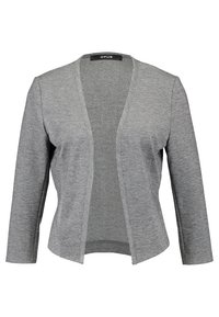 Cardigan grigio con un design aperto e rilassato, maniche a tre quarti e un tessuto a maglia testurizzato. Stile semplice e privo di decorazioni.