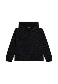 Sweat à zip noir avec un motif de léopard texturé, une poche kangourou et une capuche spacieuse. Tissu doux avec une coupe décontractée.