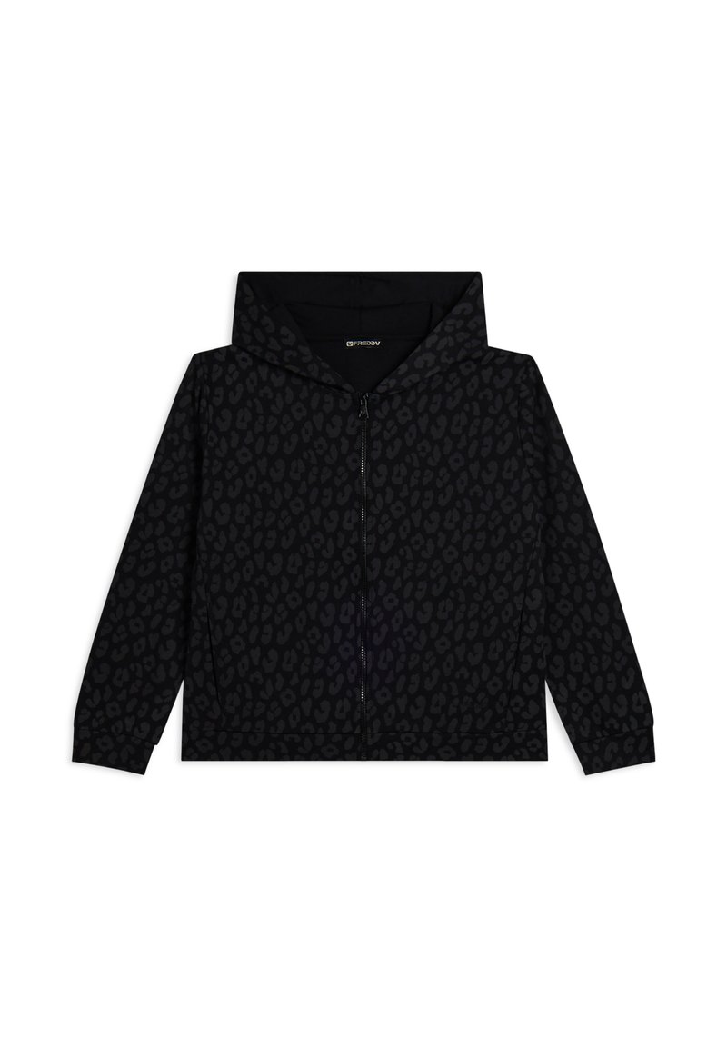 Sweat à zip noir avec un motif de léopard texturé, une poche kangourou et une capuche spacieuse. Tissu doux avec une coupe décontractée.