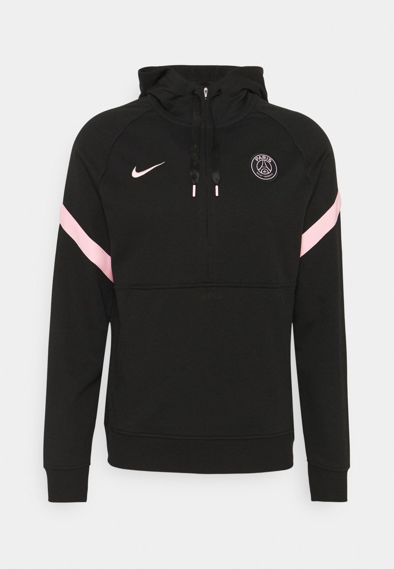 Sweat à capuche noir Nike avec des bandes diagonales roses sur les manches, logo Paris Saint-Germain sur la poitrine et fermeture éclair frontale avec capuche à cordon.