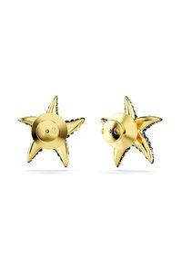 Pendientes en forma de estrella dorada con puntas redondeadas, que cuentan con acentos de piedras preciosas de colores a lo largo de los bordes y un respaldo dorado pulido.