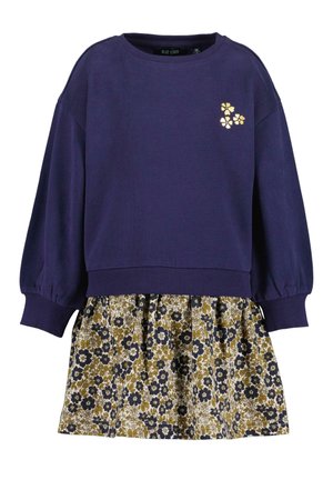 Lila Sweatshirt mit elastischen Bündchen und Rock mit Blumenmuster in Gelb, Blau und Weiß. Verziert mit goldener Blumenstickerei auf der Brust.