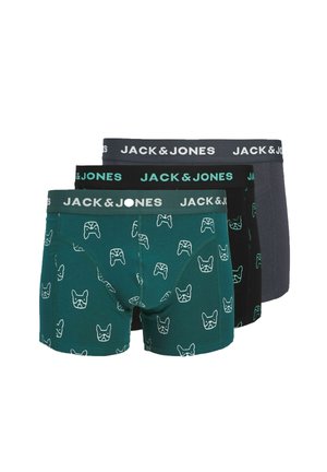 Tres pares de bóxers Jack & Jones: verdes con caras de perro, negros con el logotipo en color turquesa y gris oscuro.