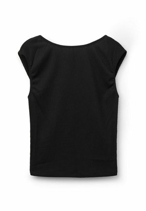 Top negro con manguitos, que presenta un tejido texturizado, un escote amplio y un dobladillo recto. La parte posterior es lisa con sutiles frunces en los hombros.