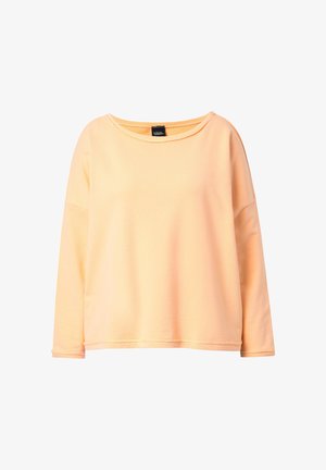 Vaalean persikanvärinen pitkähihaiset collegepaita, jossa on pyöreä pääntie ja rento istuvuus, esitetty valkoista taustaa vasten.