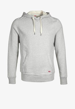 Lysegrå pullover-hoodie med hvide snore, front-kængurulomme, ribstrikkede manchetter og lille rød Levi's-tag på lommekanten.