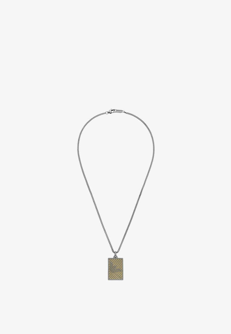 Silver chain necklace featuring a rectangular pendant with a textured gold diagonal stripe pattern. Pendant attached with a small loop.