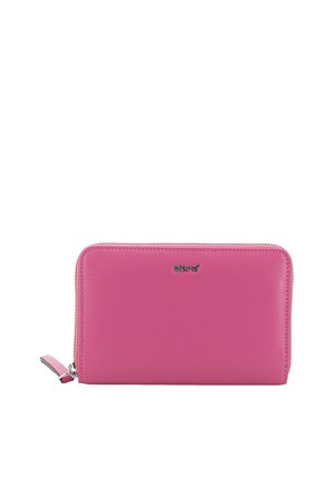 Pink leather wallet with textured finish, zip closure, and silver logo on the front. Compact rectangular shape with accent zipper pull.