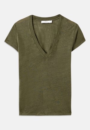 Olive green V-neck t-shirt with short sleeves, made from soft material, featuring a relaxed fit and a subtle heathered texture.