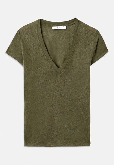 Olivově zelené tričko s výstřihem do V a krátkými rukávy, vyrobené z měkkého materiálu, s volným střihem a nenápadnou melírovanou strukturou.