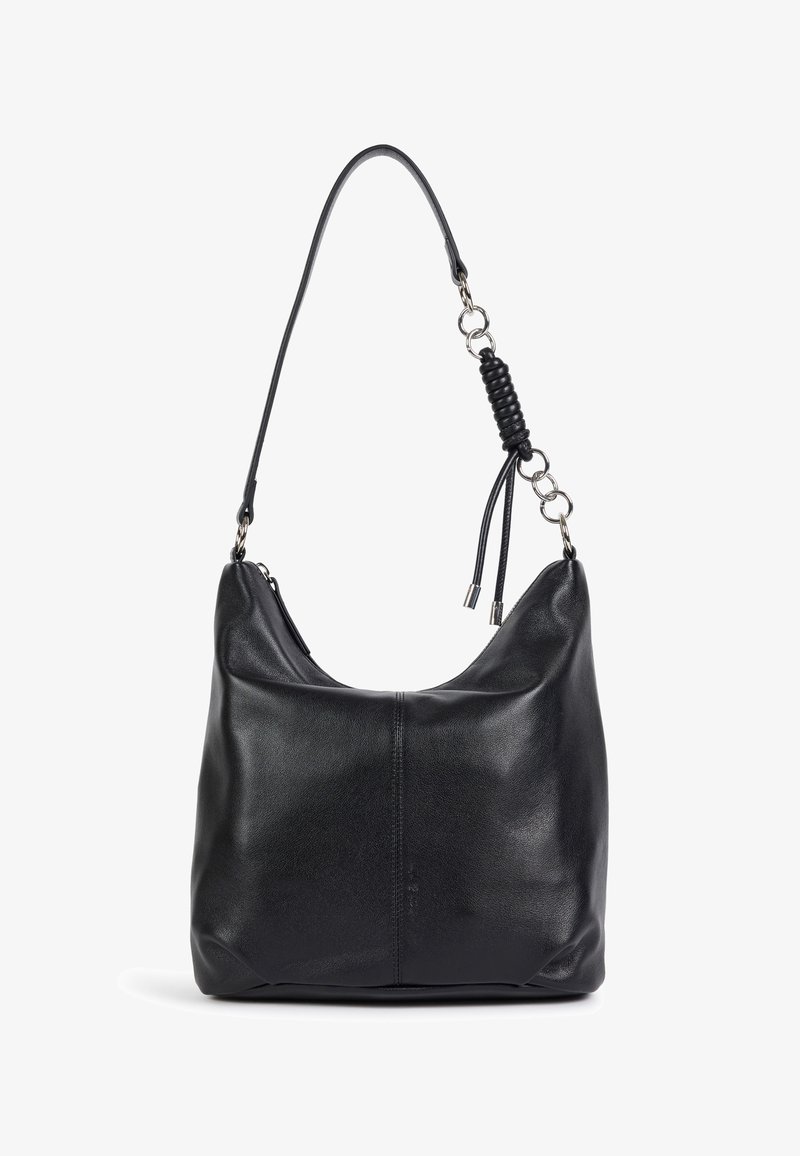 Sac à bandoulière en cuir noir avec une unique bandoulière ornée d'anneaux métalliques et un accent en spirale amovible près du sommet.
