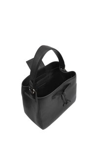 Zwarte leren handtas met een gestructureerd ontwerp, bovenhandvat en trekkoordsluiting. Heeft een gladde textuur en een minimalistische esthetiek.