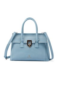 Borsa a mano in pelle azzurro chiaro con design strutturato, duplice manico superiore, tracolla staccabile e chiusura centrale. Superficie testurizzata e dettaglio del logo.