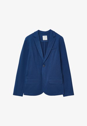 Blazer bleu marine en tissu texturé, doté d'un col cranté, d'une fermeture à un bouton et de deux poches avant avec une coupe ajustée.