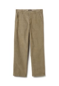 Pantaloni in corduroy color khaki chiaro con gamba dritta, tasche frontali e una vita con chiusura a bottone e zip.
