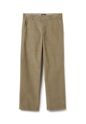 Pantaloni in corduroy color khaki chiaro con gamba dritta, tasche frontali e una vita con chiusura a bottone e zip.