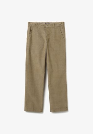 Pantaloni in corduroy color khaki chiaro con gamba dritta, tasche frontali e una vita con chiusura a bottone e zip.