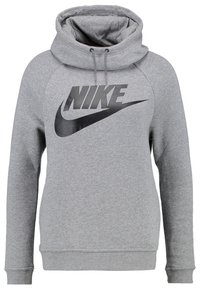 Felpa grigia realizzata in tessuto morbido, con maniche lunghe, colletto alto, tasca a marsupio frontale e un grande logo Nike nero sul petto.