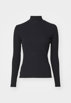 Schwarzes, geripptes Rollkragenoberteil mit langen Ärmeln. Aus dehnbarem Stoff mit figurbetonter Passform und hohem Kragen. Einfaches Design ohne Verzierungen.