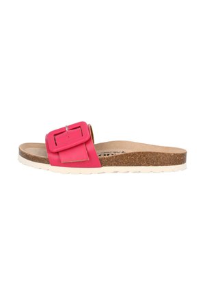 Bright pink slide sandal with a wide strap and rectangular buckle. Cork footbed and white textured outsole. Casual and open design.