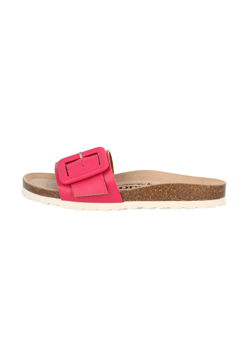 Lys pink slidesandal med en bred rem og rektangulær spænde. Korkfodbed og hvid struktureret sål. Casual og åben design.