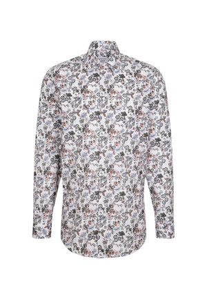 Kwiatowa koszula z długim rękawem w kolorze białym, z wielokolorowymi wzorami kwiatów i liści. Z kołnierzykiem, z zapięciem na guziki z przodu i zaokrąglonym dołem.