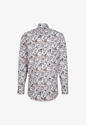 Witte bloemenblouse met lange mouwen, voorzien van meerkleurige patronen van bloemen en bladeren. Met een kraag, knoopsluiting aan de voorkant en een rond afgebiesde onderkant.