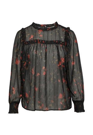 Schwarze transparente Bluse mit floralem Druck in Rot- und Gelbtönen, ausgestattet mit einem hohen Kragen, gerafften Schultern und gesmokten Bündchen.