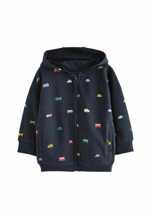 Sweat à capuche pour tout-petit bleu marine avec fermeture éclair, présentant de petits motifs colorés de véhicules et d'avions ainsi que des poches frontales.