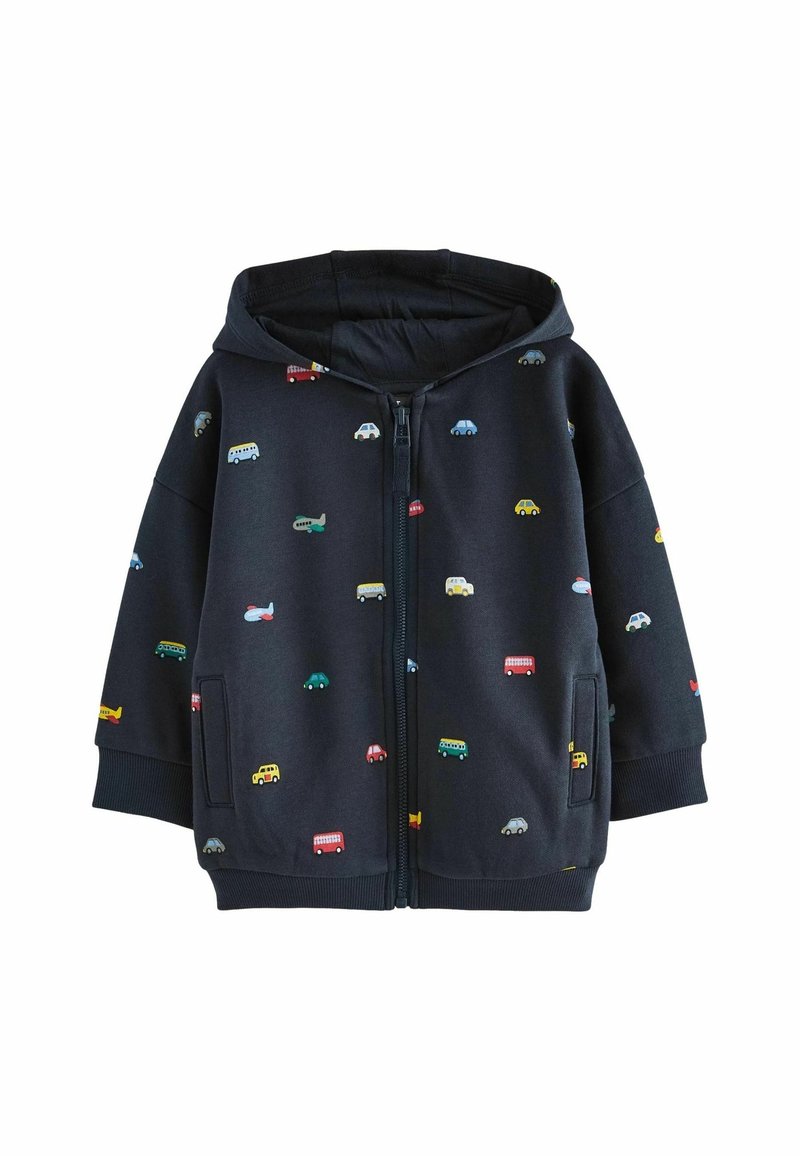 Sweat à capuche pour tout-petit bleu marine avec fermeture éclair, présentant de petits motifs colorés de véhicules et d'avions ainsi que des poches frontales.