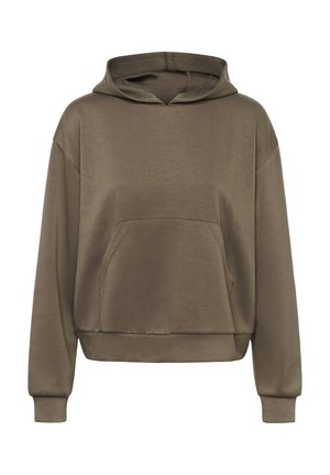 Olijfgroene, cropped hoodie met een voorzak, brede mouwen en een capuchon met koord. Zachte, gladde textuur zonder patronen of versieringen.