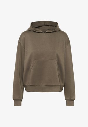 Olijfgroene, cropped hoodie met een voorzak, brede mouwen en een capuchon met koord. Zachte, gladde textuur zonder patronen of versieringen.