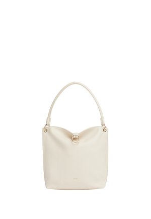 Borsa a tracolla in pelle color crema con una singola tracolla e un dettaglio ad anello dorato nella parte superiore centrale.