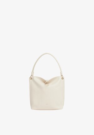Sac à bandoulière en cuir couleur crème avec une bandoulière simple et un détail anneau doré en haut au centre.