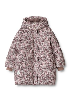 Manteau d'hiver matelassé pour enfant avec capuche, petit motif floral rose et gris, deux poches avant et fermeture du col par bouton-pression.
