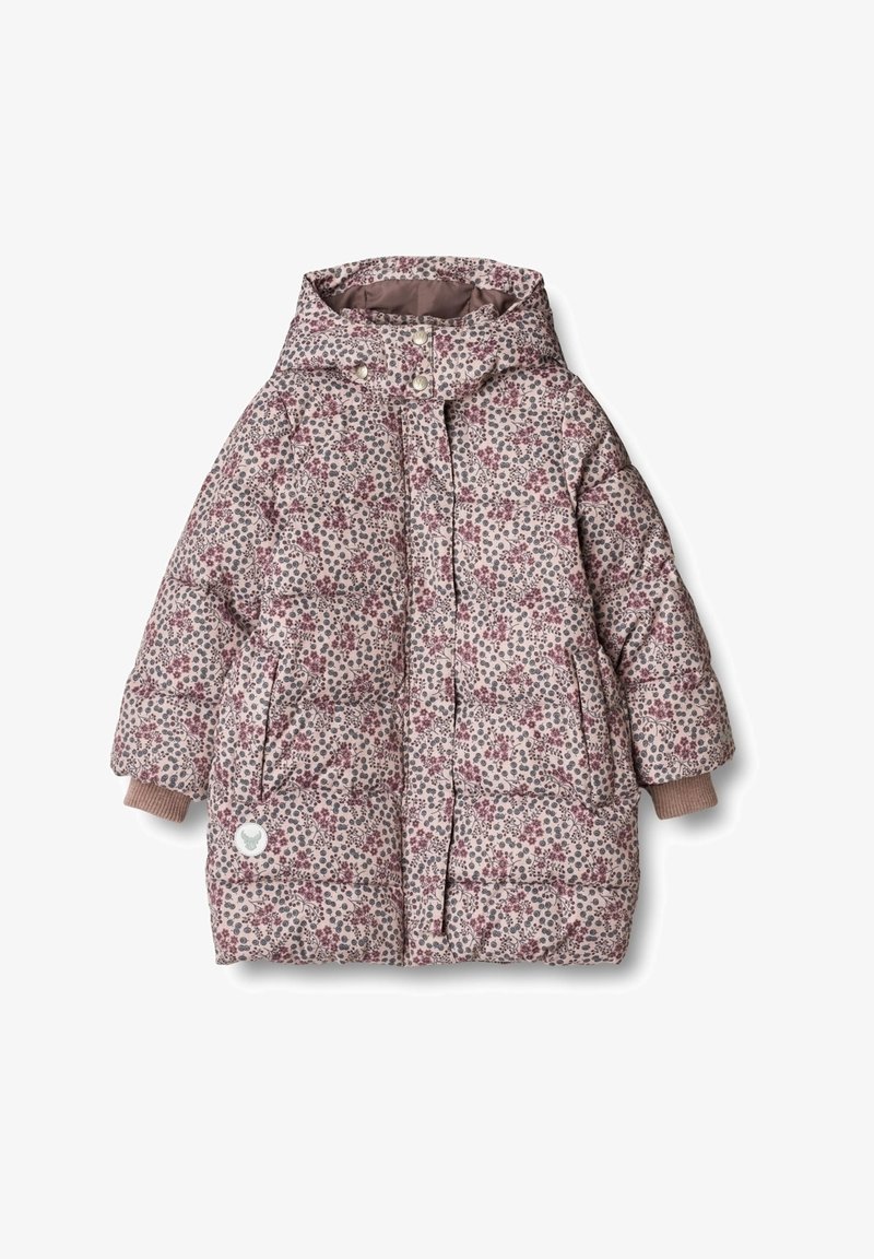 Manteau d'hiver matelassé pour enfant avec capuche, petit motif floral rose et gris, deux poches avant et fermeture du col par bouton-pression.